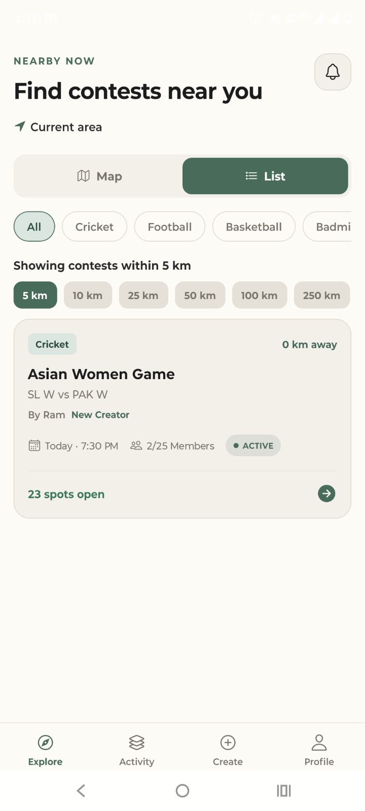 FanAroundMe nearby contest list screen